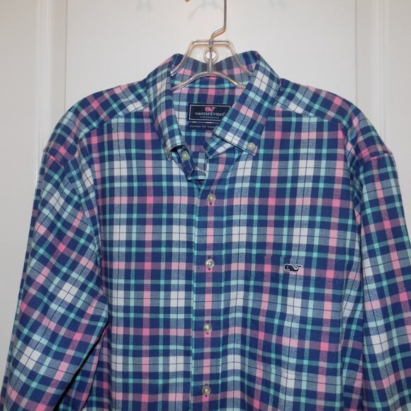 VINEYARD VINES Mens Medium Flannel Plaid Blue Pink Classic Tucker Fit Excellent - Picture 2 of 3